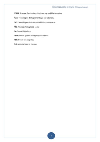PROJECTE EDUCATIU DE CENTRE INS Doctor Puigvert
5
STEM: Science, Technology, Engineering and Mathematics
TAC: Tecnologies de l’aprenentatge col·laboratiu
TIC: Tecnologies de la informació i la comunicació
TIS: Tècnica d’integració social
TG: Treball Globalitzat
TGPE: Treball globalitzat de proposta externa
TPP: Treball per projectes
VxL: Voluntaris per la Llengua
 