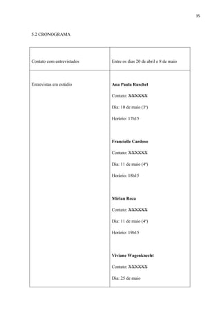 35



5.2 CRONOGRAMA




Contato com entrevistados   Entre os dias 20 de abril e 8 de maio




Entrevistas em estúdio      Ana Paula Ruschel

                            Contato: XXXXXX

                            Dia: 10 de maio (3ª)

                            Horário: 17h15




                            Francielle Cardoso

                            Contato: XXXXXX

                            Dia: 11 de maio (4ª)

                            Horário: 18h15




                            Mirian Roza

                            Contato: XXXXXX

                            Dia: 11 de maio (4ª)

                            Horário: 19h15




                            Viviane Wagenknecht

                            Contato: XXXXXX

                            Dia: 25 de maio
 