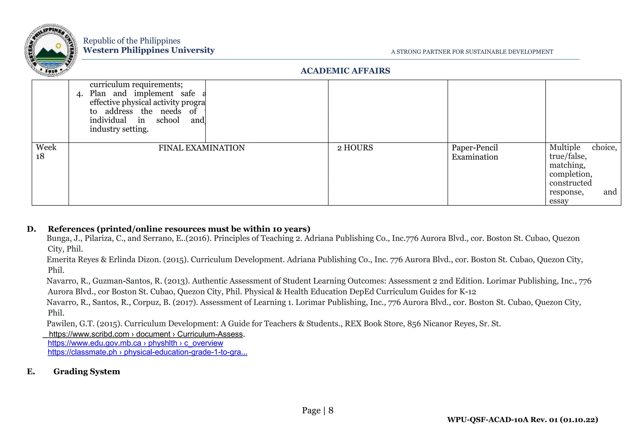 Ped 103 Curriculum Assessment In Pe Docx
