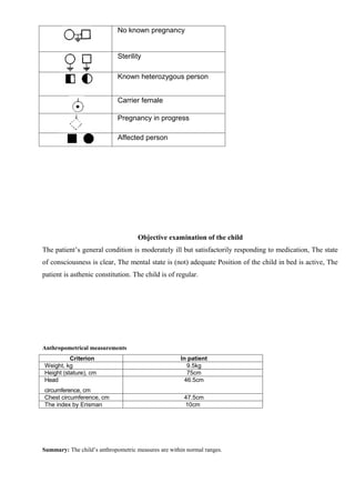 No known pregnancy


                             Sterility

                             Known heterozygous person


                             Carrier female

                             Pregnancy in progress

                             Affected person




                                     Objective examination of the child
The patient’s general condition is moderately ill but satisfactorily responding to medication, The state
of consciousness is clear, The mental state is (not) adequate Position of the child in bed is active, The
patient is asthenic constitution. The child is of regular.




Anthropometrical measurements
          Criterion                                  In patient
Weight, kg                                             9.5kg
Height (stature), cm                                   75cm
Head                                                  46.5cm
circumference, cm
Chest circumference, cm                                47.5cm
The index by Erisman                                   10cm




Summary: The child’s anthropometric measures are within normal ranges.
 