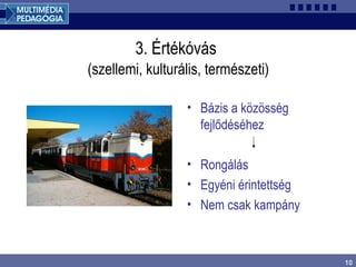 10
3. Értékóvás
(szellemi, kulturális, természeti)
• Bázis a közösség
fejlődéséhez
• Rongálás
• Egyéni érintettség
• Nem csak kampány
 