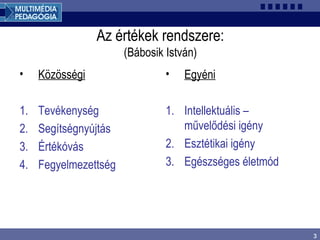 3
Az értékek rendszere:
(Bábosik István)
• Közösségi
1. Tevékenység
2. Segítségnyújtás
3. Értékóvás
4. Fegyelmezettség
• Egyéni
1. Intellektuális –
művelődési igény
2. Esztétikai igény
3. Egészséges életmód
 