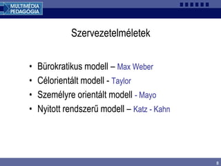 8
Szervezetelméletek
• Bürokratikus modell – Max Weber
• Célorientált modell - Taylor
• Személyre orientált modell - Mayo
• Nyitott rendszerű modell – Katz - Kahn
 