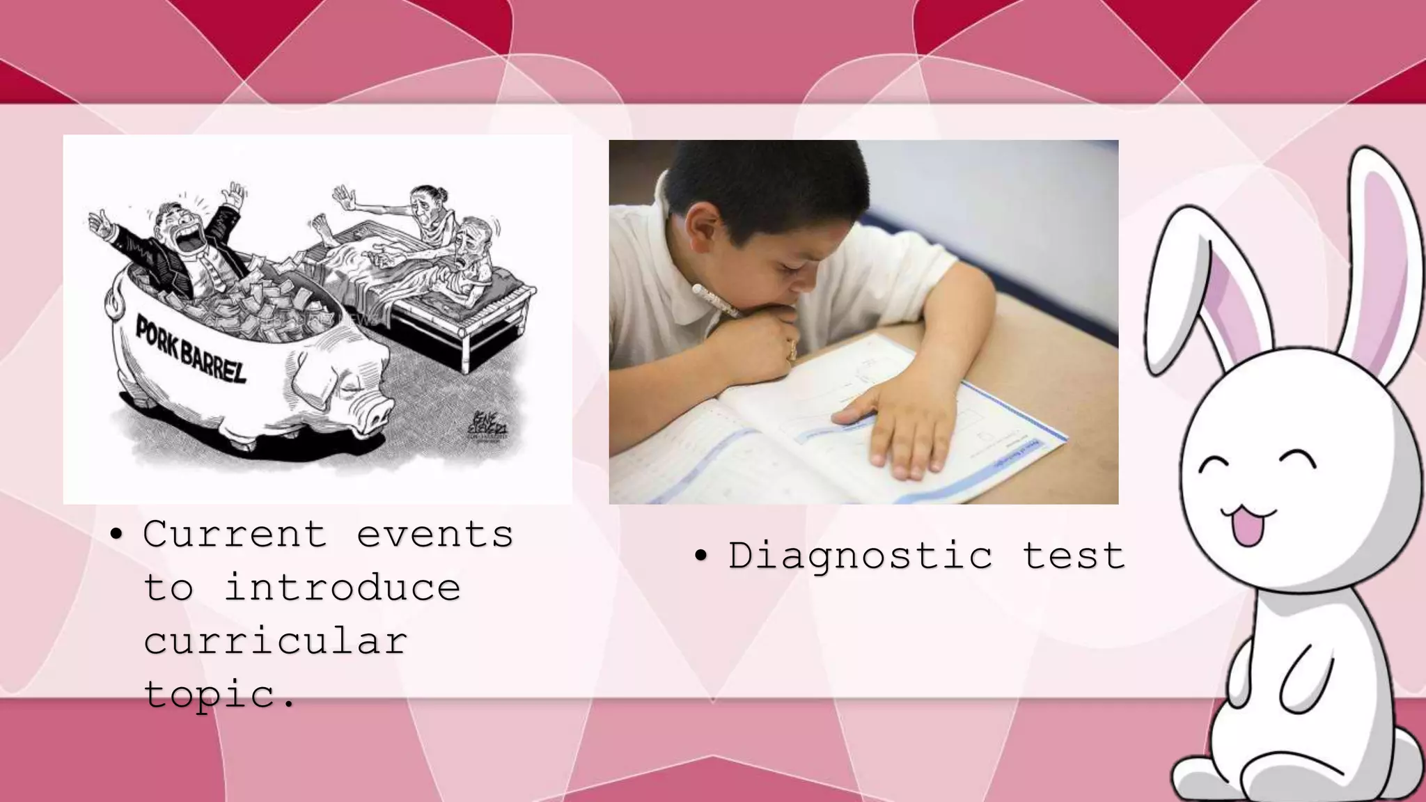 • Current events 
to introduce 
curricular 
topic. 
• Diagnostic test 
 