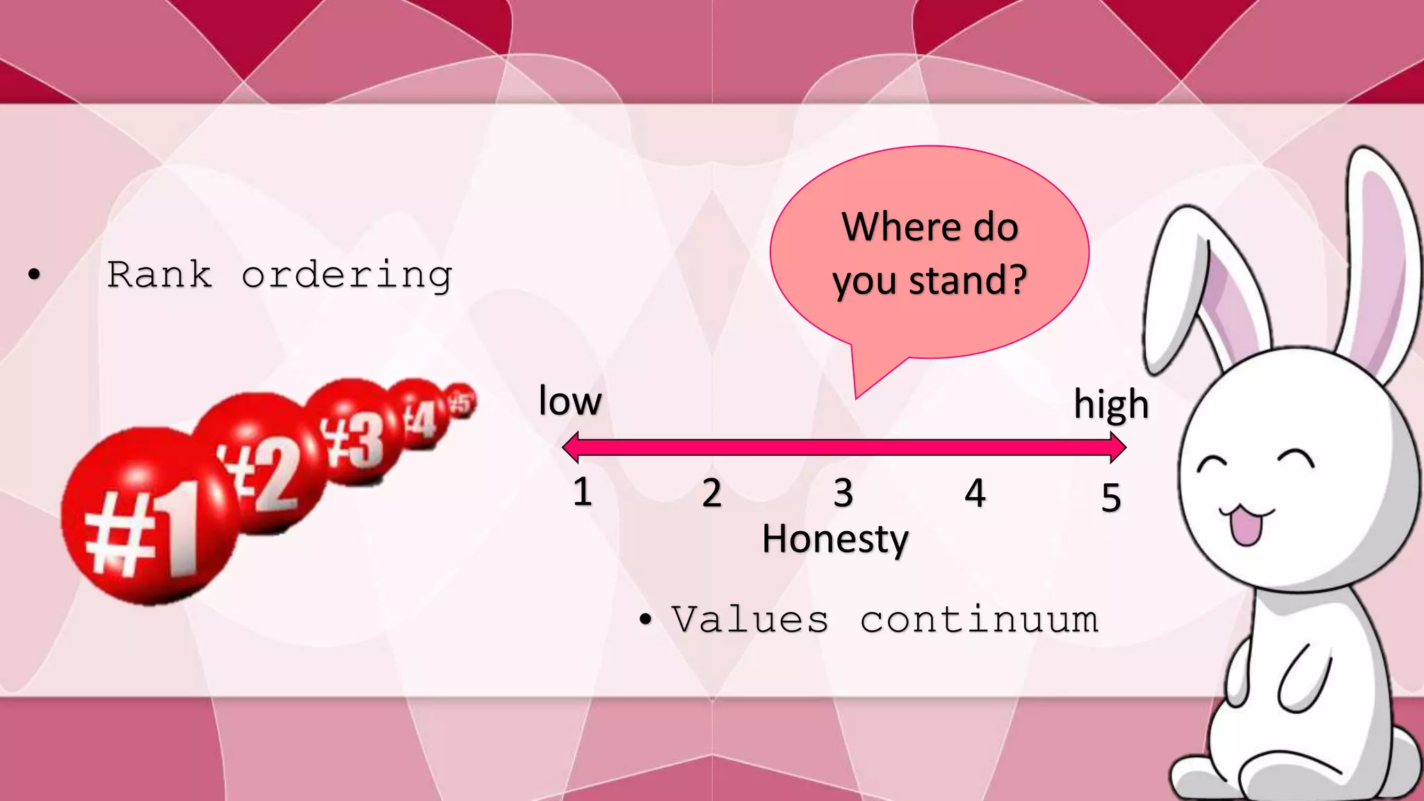 • Rank ordering 
Where do 
you stand? 
low high 
1 2 3 4 5 
Honesty 
• Values continuum 
 
