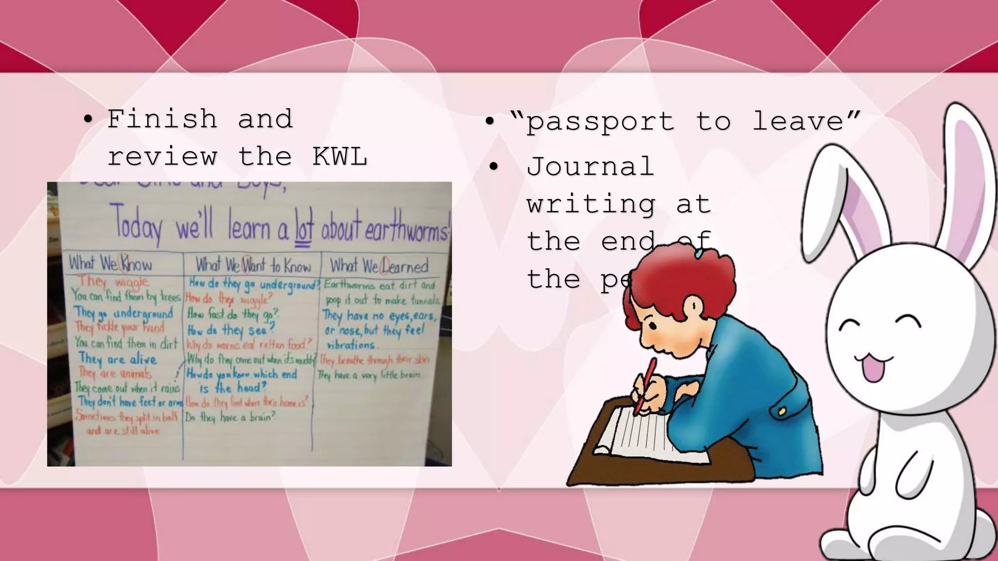 • Finish and 
review the KWL 
Chart 
• “passport to leave” 
• Journal 
writing at 
the end of 
the period 
 