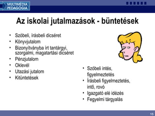 15
Az iskolai jutalmazások - büntetések
• Szóbeli, írásbeli dicséret
• Könyvjutalom
• Bizonyítványba írt tantárgyi,
szorgalmi, magatartási dicséret
• Pénzjutalom
• Oklevél
• Utazási jutalom
• Kitüntetések
• Szóbeli intés,
figyelmeztetés
• Írásbeli figyelmeztetés,
intő, rovó
• Igazgató elé idézés
• Fegyelmi tárgyalás
 