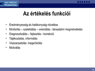 18
Az értékelés funkciói
• Eredményesség és hatékonyság növelése
• Minősítés – szelektálás – orientálás - társadalmi megmérettetés
• Diagnosztizálás – fejlesztés - korrekció
• Tájékoztatás, informálás
• Visszacsatolás: megerősítés
• Motiválás
 