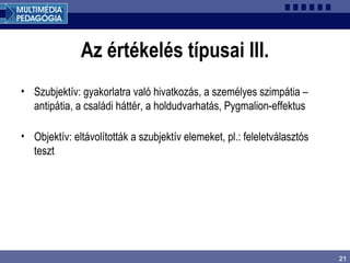 21
Az értékelés típusai III.
• Szubjektív: gyakorlatra való hivatkozás, a személyes szimpátia –
antipátia, a családi háttér, a holdudvarhatás, Pygmalion-effektus
• Objektív: eltávolították a szubjektív elemeket, pl.: feleletválasztós
teszt
 