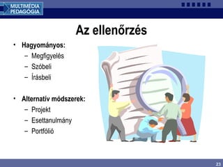 23
Az ellenőrzés
• Hagyományos:
– Megfigyelés
– Szóbeli
– Írásbeli
• Alternatív módszerek:
– Projekt
– Esettanulmány
– Portfólió
 