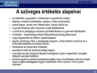 34
A szöveges értékelés alapelvei
– az értékelés a gyerekért, s elsősorban a gyereknek szóljon,
– alakítsa a helyes önértékelést, segítse a reális önismeretet,
– nyitott legyen, amely nem ítéletet alkot, hanem tükröt tart,
– a gyerek lehessen aktív részese a saját fejlődésének,
– a szülő és a pedagógus közösen gondolkodhasson a gyermek fejlődéséről.
– minősítés – központúság helyett fejlesztőközpontúság jellemezze,
– vegye figyelembe az életkori sajátosságokat,
– legyen összhang a Nat, a pedagógiai program, a helyi tantervi rendszer és a
kimunkált értékelési koncepció között,
– rendszeres és folyamatos értékelés,
– személyre szóló és ösztönző jellegű legyen,
– a tanítási-tanulási folyamat állandó kísérőjeként tudjon megerősítő, korrigáló,
fejlesztő szerepet betölteni,
– konkrét egyénre szabott javaslatokkal jelölje meg a továbblépés útját és módját,
nyelvi megformáltságában legyen közérthető mind a tanuló, mind a szülő
számára.
 