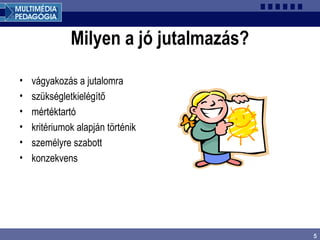 5
Milyen a jó jutalmazás?
• vágyakozás a jutalomra
• szükségletkielégítő
• mértéktartó
• kritériumok alapján történik
• személyre szabott
• konzekvens
 