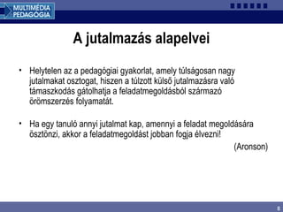 8
A jutalmazás alapelvei
• Helytelen az a pedagógiai gyakorlat, amely túlságosan nagy
jutalmakat osztogat, hiszen a túlzott külső jutalmazásra való
támaszkodás gátolhatja a feladatmegoldásból származó
örömszerzés folyamatát.
• Ha egy tanuló annyi jutalmat kap, amennyi a feladat megoldására
ösztönzi, akkor a feladatmegoldást jobban fogja élvezni!
(Aronson)
 
