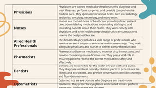 Physicians
Physicians are trained medical professionals who diagnose and
treat illnesses, perform surgeries, and provide comprehensive
medical care. They specialize in various fields, such as cardiology,
pediatrics, oncology, neurology, and many more.
Nurses
Nurses are the backbone of healthcare, providing direct patient
care, administering medications, monitoring vital signs, and
educating patients about their health. They work closely with
physicians and other healthcare professionals to ensure patients
receive the best possible care.
Allied Health
Professionals
This broad category includes a wide range of professionals who
provide essential support services in healthcare settings. They work
alongside physicians and nurses to deliver comprehensive care.
Pharmacists
Pharmacists dispense medications, monitor drug interactions, and
provide counseling on medication use. They play a vital role in
ensuring patients receive the correct medications safely and
effectively.
Dentists
Dentists are responsible for the health of your teeth and gums.
They diagnose and treat dental problems, perform procedures like
fillings and extractions, and provide preventative care like cleanings
and fluoride treatments.
Optometrists
Optometrists are eye doctors who diagnose and treat vision
problems. They prescribe eyeglasses and contact lenses, perform
 