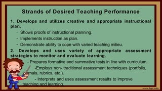 Strands of Desired Teaching Performance
1. Develops and utilizes creative and appropriate instructional
plan.
- Shows proofs of instructional planning.
- Implements instruction as plan.
- Demonstrate ability to cope with varied teaching milieu.
2. Develops and uses variety of appropriate assessment
strategies to monitor and evaluate learning.
- Prepares formative and summative tests in line with curriculum.
-Employs non- traditional assessment techniques (portfolio,
journals, rubrics, etc.).
- Interprets and uses assessment results to improve
teaching and learning.
 