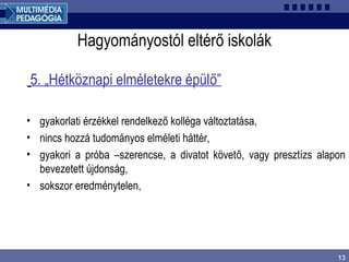13
Hagyományostól eltérő iskolák
5. „Hétköznapi elméletekre épülő”
• gyakorlati érzékkel rendelkező kolléga változtatása,
• nincs hozzá tudományos elméleti háttér,
• gyakori a próba –szerencse, a divatot követő, vagy presztízs alapon
bevezetett újdonság,
• sokszor eredménytelen,
 
