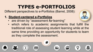 Different perspectives to e-Portfolios (Barret, 2008):
1. Student-centered e-Portfolios
• are driven by “assessment for learning”
• which refers to academic assignments that fulfill the
traditional role of assessing student learning while at the
same time providing an opportunity for students to learn
as they complete the assessment.
TYPES e-PORTFOLIOS
 