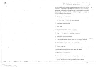 y,•
    <.. '                                                                                                                    Estrategias de Aprendizaje
                                                                                                                                                                                                                     .:
                        ;'
                                                                                                  Son tecnicaso hcbilid,"-d~:; Qaraapren.dere a.ore0d.2/ :)esio es, Si,"'12il                                             :;
                                                                                                  ;Jcra que el cprf;r.diz incor~or2 el nuevo rnaterial a 10 que yc concce .
                                                                   . '
                                                                                                  hcci,§ndolo significativo y facil de recorda! 0 uti.'izar. Son un conjunto
                                                                                                  de pasos para organizar, enfocar, elaborar, incegrar y verifiC2( la
                                                                                                 . inrormacion , cstos metcdos son:
                                                                                                                                                   .'
                                                                                                         I) Metodos p.ara estudiar mejer 



                                                                                                         1) Lea varias veces 9 loC!er'.a1 que quiere c.pr2r.der. 


                                                                                                     2) Sutxaye l2.Sdees J:xincipcJes. 



                                                                                                     J) Torr.e no!2.S . 



                                                                                                     .:!) Resuma el rr.aterial PC( parrafos osec::ones. 



                                                                                                     :;) Hc<]a una lisla de los terl7linos 0 deas princi9cJes. 



                                                                                                     5) Reescr;oclo t21 como 10 enier.dio. 



                                                                                                     7) Para(ras8e el rnat~ri2l; esto es, dfgalo cor. sus prq:~ia~ .palaQr.2S. 



                                                                                                     a) Revi~lo de nuevo pCrdvermcar si 10 ccmpr2"dio .


                                                                                                     S) H2ga~ preguntas. 



                                                                                                     10) ReaJice diegrarr.as 0 dibujcs de los terr.as del material. 



                                                                                                         11) EJabCfe L.:n cucdro sincpcico. 



                                                                                                     11) kierrtifiC3r ideas c~ve (C3ptar 10 esenc:.al del centenido) 



                                                                                                     ;) at.;scue hecho s, denn:c:cr.es. (Orrr.lJlas, pri~c ipios y reglas.
    "":_ ;,., ...,j .              - ~ .. ~                     . ::: ~ ------- ..;.'   :-." .    <' -    .:-- .   -:. ...                              ~_   •.:y.   ~. :'   , "t=;o" . .. . ...~...... -
                                                                                                                                                                                     .                      ~                  .~ :;,.;;

~
                                                  ...,... ":;
                                                                                                                                                                                                                29

:~-:;;~~~:~·'.~;:s~~~~>::, . :. c. ;~.; ;,;,. 

 