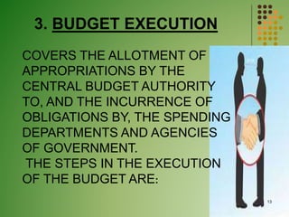 3. BUDGET EXECUTION
COVERS THE ALLOTMENT OF
APPROPRIATIONS BY THE
CENTRAL BUDGET AUTHORITY
TO, AND THE INCURRENCE OF
OBLIGATIONS BY, THE SPENDING
DEPARTMENTS AND AGENCIES
OF GOVERNMENT.
THE STEPS IN THE EXECUTION
OF THE BUDGET ARE:
13
 