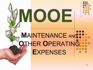 MOOE
MAINTENANCE AND
OTHER OPERATING
EXPENSES
18
 