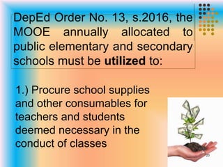 DepEd Order No. 13, s.2016, the
MOOE annually allocated to
public elementary and secondary
schools must be utilized to:
1.) Procure school supplies
and other consumables for
teachers and students
deemed necessary in the
conduct of classes
23
 