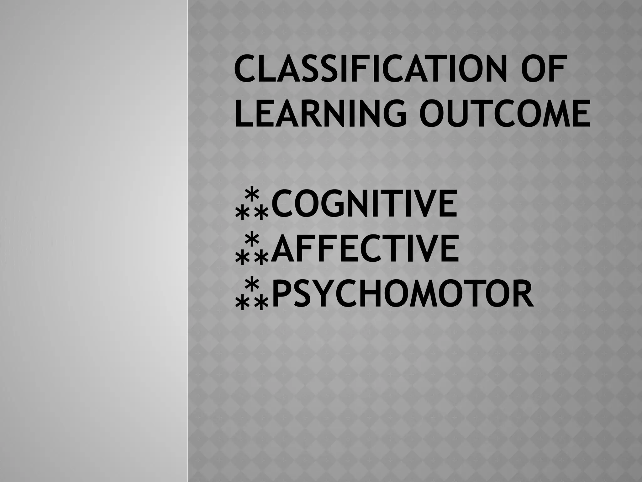 CLASSIFICATION OF
LEARNING OUTCOME
COGNITIVE

AFFECTIVE

PSYCHOMOTOR

 
