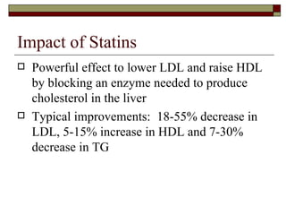 Impact of Statins Powerful effect to lower LDL and raise HDL by blocking an enzyme needed to produce cholesterol in the liver Typical improvements:  18-55% decrease in LDL, 5-15% increase in HDL and 7-30% decrease in TG 