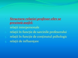  Structura relaţiei profesor-elev se 
prezintă astfel: 
1. relaţii interpersonale 
2. relaţii în funcţie de sarcinile profesorului 
3. relaţii în funcţie de conţinutul psihologic 
4. relaţii de influenţare 
 