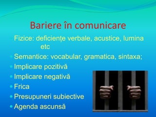 Bariere în comunicare 
 Fizice: deficiențe verbale, acustice, lumina 
etc 
Semantice: vocabular, gramatica, sintaxa; 
 Implicare pozitivă 
 Implicare negativă 
 Frica 
 Presupuneri subiective 
 Agenda ascunsă 
 