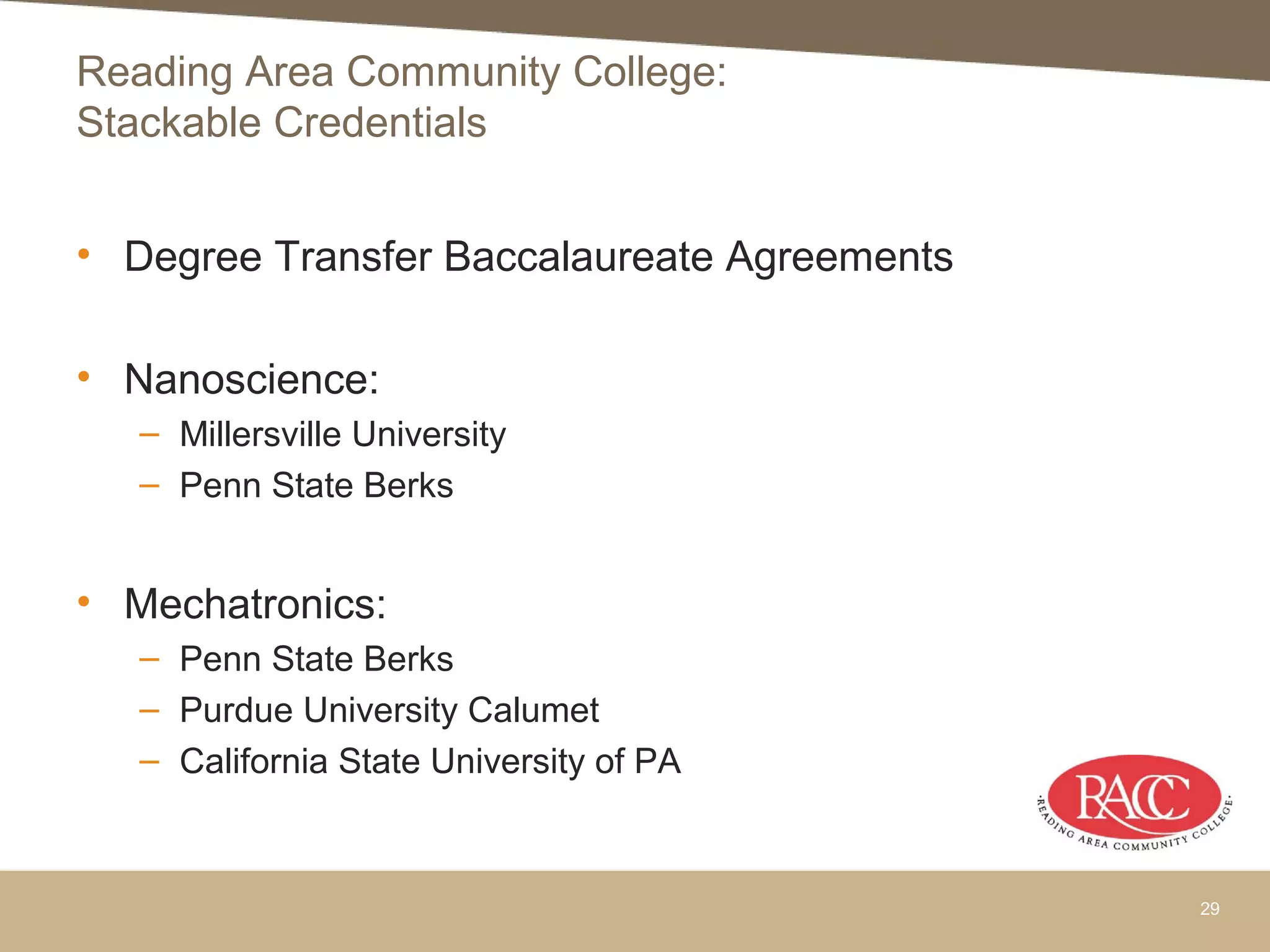 • Degree Transfer Baccalaureate Agreements
• Nanoscience:
– Millersville University
– Penn State Berks
• Mechatronics:
– Penn State Berks
– Purdue University Calumet
– California State University of PA
29
Reading Area Community College:
Stackable Credentials
 