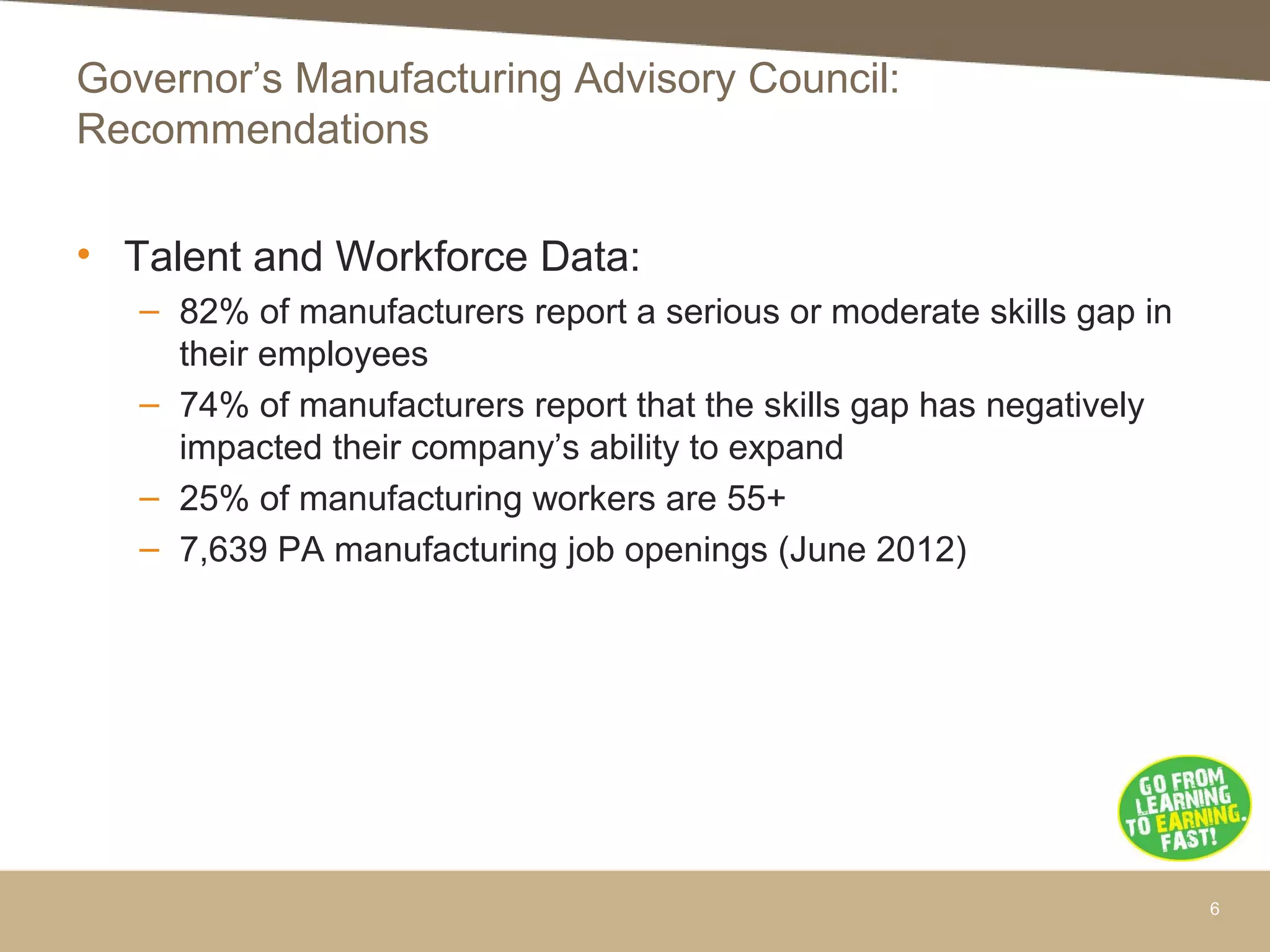 Governor’s Manufacturing Advisory Council:
Recommendations
• Talent and Workforce Data:
– 82% of manufacturers report a serious or moderate skills gap in
their employees
– 74% of manufacturers report that the skills gap has negatively
impacted their company’s ability to expand
– 25% of manufacturing workers are 55+
– 7,639 PA manufacturing job openings (June 2012)
6
 