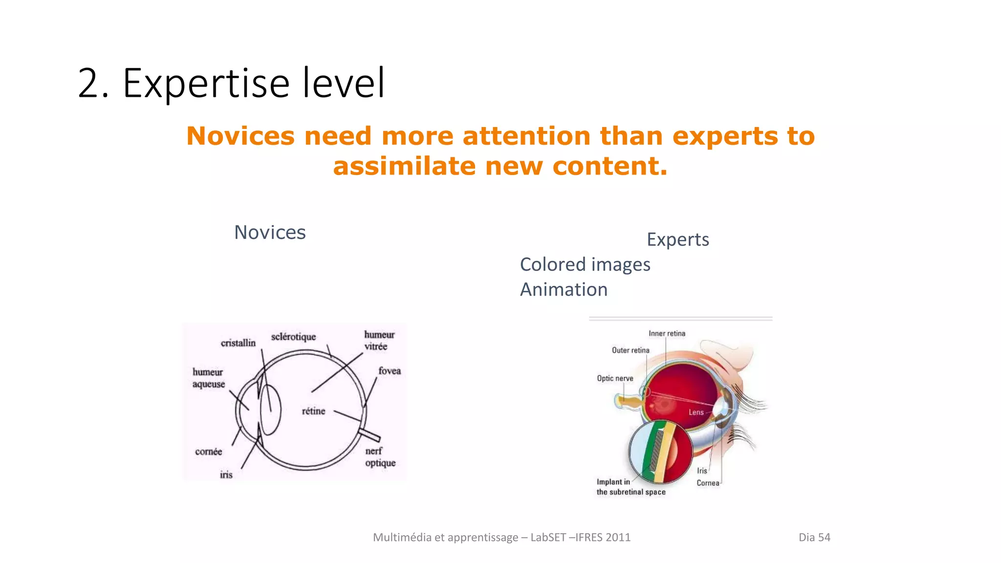 2. Expertise level
Experts
Colored images
Animation
Multimédia et apprentissage – LabSET –IFRES 2011 Dia 54
Novices need more attention than experts to
assimilate new content.
Novices
 