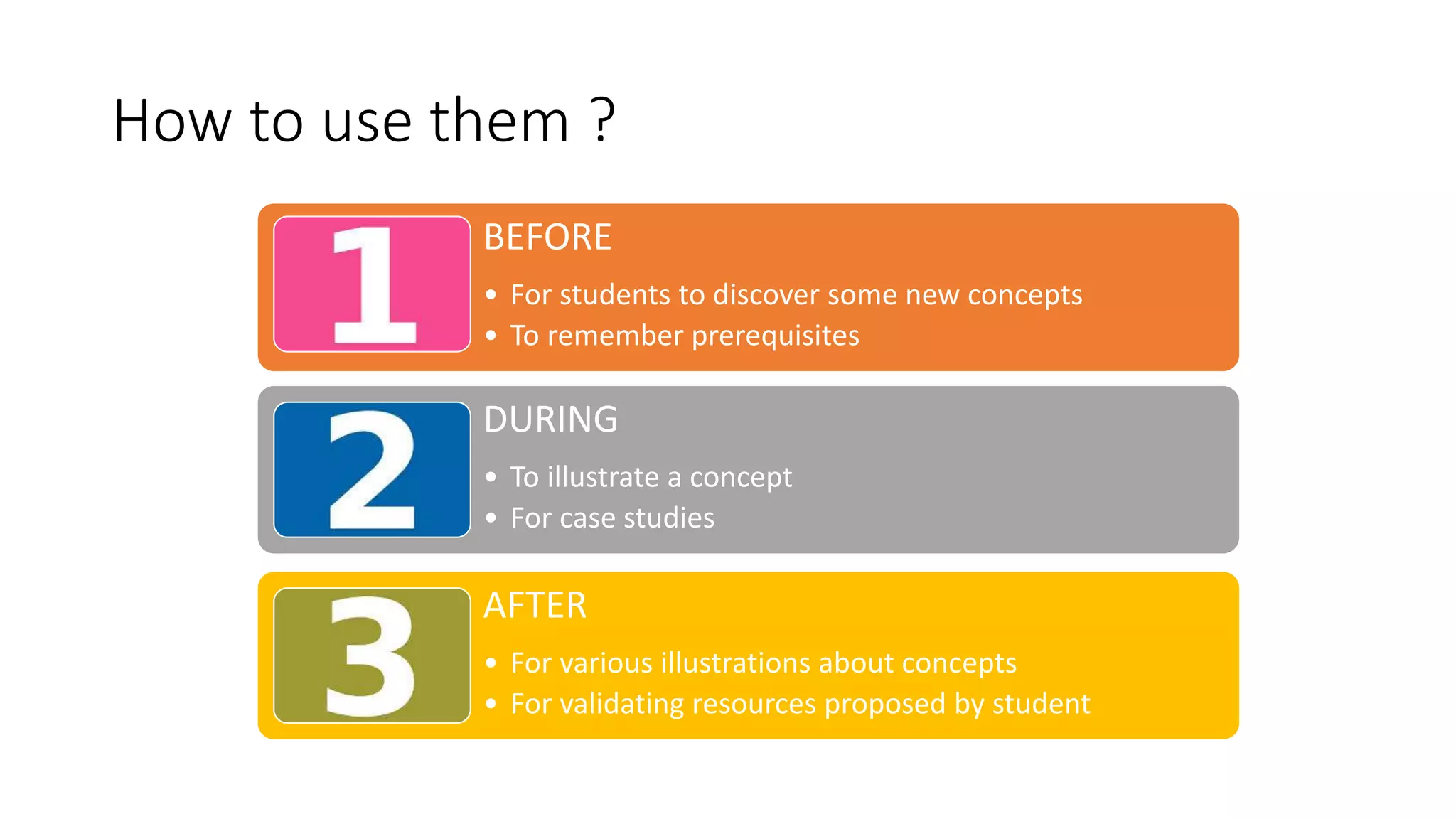How to use them ?
BEFORE
• For students to discover some new concepts
• To remember prerequisites
DURING
• To illustrate a concept
• For case studies
AFTER
• For various illustrations about concepts
• For validating resources proposed by student
 