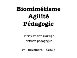 Biomimétisme
Agilité
Pédagogie
Christian den Hartigh
17 novembre 02016
artisan pédagogue
 