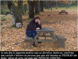 Se um dia te jogarem pedras nao as devolva. Junte-as, construa um castelo e mostre as pessoas que que até mesmo as PEDRAS são belas  obras de arte, na mão das PESSOAS CERTAS....