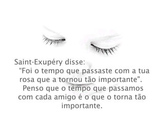 Saint-Exupéry disse:  “Foi o tempo que passaste com a tua rosa que a tornou tão importante".   Penso que o tempo que passamos com cada amigo é o que o torna tão importante. 