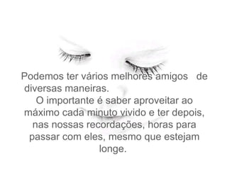 Podemos ter vários melhores amigos  de diversas maneiras.  O importante é saber aproveitar ao máximo cada minuto vivido e ter depois, nas nossas recordações, horas para passar com eles, mesmo que estejam longe.   