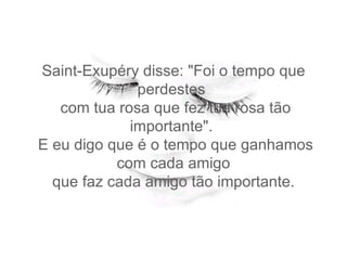 Saint-Exupéry disse: "Foi o tempo que perdestes   com tua rosa que fez tua rosa tão importante".   E eu digo que é o tempo que ganhamos com cada amigo  que faz cada amigo tão importante.  
