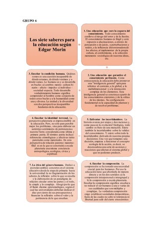 GRUPO 6
Los siete saberes para
la educación según
Edgar Morin
1. Una educación que cure la ceguera del
conocimiento. Todo conocimiento
conlleva el riesgo del error y de la ilusión.
El conocimiento humano es frágil y está
expuesto a alucinaciones, a errores de
percepción o de juicio, a perturbaciones y
ruidos, a la influencia distorsionadora de
los afectos,al implementar de la propia
cultura, al conformismo, a la selección
meramente sociológica de nuestras ideas,
etc.
2. Una educación que garantice el
conocimiento pertinente. Como
consecuencia,la educación debe promover
una "inteligencia general" apta para
referirse al contexto, a lo global, a lo
multidimensional y a la interacción
compleja de los elementos. Esta
inteligencia general se construye a partir de
los conocimientos existentes y de la crítica
de los mismos. Su configuración
fundamental es la capacidad de plantear y
de resolver problemas.
3. Enseñar la condición humana. Quiénes
somos es una cuestión inseparable de
dónde estamos, de dónde venimos y a
dónde vamos. Lo humano es y se desarrolla
en bucles: a) cerebro- mente- cultura b)
razón - afecto - impulso c) individuo -
sociedad -especie. Todo desarrollo
verdaderamente humano significa
comprender al hombre como conjunto de
todos estos bucles y a la humanidad como
una y diversa. La unidad y la diversidad
son dos perspectivas inseparables
fundantes de la educación.
4. Enseñar la identidad terrenal. La
perspectiva planetaria es imprescindible en
la educación. Pero, no sólo para percibir
mejor los problemas, sino para elaborar un
auténtico sentimiento de pertenencia a
nuestra Tierra considerada como última y
primera patria. El término patria incluye
referencias etimológicas y afectivas tanto
paternales como maternales. En esta
perspectiva de relación paterno- materno-
filial es en la que se construirá a escala
planetaria una misma conciencia
antropológica, ecológica, cívica y
espiritual.
5. Enfrentar las incertidumbres. La
historia avanza por atajos y desviaciones y,
como pasa en la evolución! biológica, todo
cambio es fruto de una mutación. Existe
también la incertidumbre sobre la validez
del conocimiento. Y existe sobre todo la
incertidumbre derivada de nuestras propias
decisiones.Una vez que tomamos una
decisión, empieza a funcionar el concepto
ecología de la acción, es decir, se
desencadena una serie de acciones y
reacciones que afectan al sistema global y
que no podemos predecir..
6. Enseñar la comprensión. La
comprensión se ha tornado una necesidad
crucial para los humanos. Por eso la
educación tiene que abordarla de manera
directa y en los dos sentidos:a) la
comprensión interpersonal e intergrupal y
b) la comprensión a escala planetaria.
Enseñar la comprensión significa enseñara
no reducir el ser humano a una o varias de
sus cualidades que son múltiples y
complejas. La verdadera comprensión
exige establecer sociedades democráticas,
fuera de las cuales no cabe ni tolerancia ni
libertad para salir del cierre etnocéntrico.
7. La ética del género humano. Dedicó a
postularcambios concretos en el sistema
educativo desde la etapa de primaria hasta
la universidad: la no fragmentación de los
saberes,la reflexión sobre lo que se enseña
y la elaboración de un paradigma de
relación circular entre las partes y el todo,
lo simple y lo complejo. Abogó porlo que
él llamó diezmo epistemológico, según el
cual las universidades deberían dedicar el
diez por ciento de sus presupuestos a
financiar la reflexión sobre el valor y la
pertinencia de lo que enseñan.
 