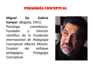 PEDAGOGÍA CONCEPTUAL

Miguel       De      Zubiría
Samper .(Bogotá, 1951)
Psicólogo       colombiano.
Fundador      y     Director
científico de la Fundación
Internacional de Pedagogía
Conceptual Alberto Merani.
Creador     del     enfoque
pedagógico        Pedagogía
Conceptual.
 