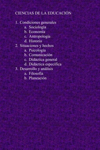 CIENCIAS DE LA EDUCACIÓN

1. Condiciones generales
      a. Sociología
      b. Economía
      c. Antropología
      d. Historia
2. Situaciones y hechos
      a. Psicología
      b. Comunicación
      c. Didáctica general
      d. Didáctica específica
3. Desarrollo y análisis
      a. Filosofía
      b. Planeación
 