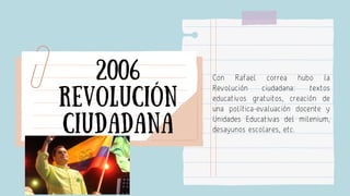 Con Rafael correa hubo la
Revolución ciudadana: textos
educativos gratuitos, creación de
una política-evaluación docente y...