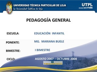 ESCUELA : PONENTE : BIMESTRE : PEDAGOGÍA GENERAL CICLO : EDUCACIÓN  INFANTIL I BIMESTRE MG.  MARIANA BUELE AGOSTO 2007 – OCTUBRE 2008 