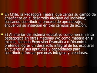 En Chile, la Pedagogía Teatral que centra su campo de enseñanza en el desarrollo afectivo del individuo, buscando contribuir al proceso de aprendizaje, encuentra su inserción en tres campos de acción: a) Al interior del sistema educativo como herramienta pedagógica en otras materias y/o como materia en sí misma, llamada Expresión Dramática o Dinámica, pretende lograr un desarrollo integral de los escolares en cuanto a sus aptitudes y capacidades para contribuir a formar personas íntegras y creadoras. 