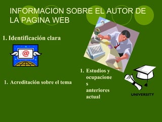 INFORMACION SOBRE EL AUTOR DE LA PAGINA WEB  <ul><li>Identificación clara </li></ul><ul><li>Estudios y ocupaciones anterio...
