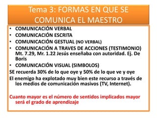 Tema 3: FORMAS EN QUE SE
COMUNICA EL MAESTRO
• COMUNICACIÓN VERBAL
• COMUNICACIÓN ESCRITA
• COMUNICACIÓN GESTUAL (NO VERBAL)
• COMUNICACIÓN A TRAVES DE ACCIONES (TESTIMONIO)
Mt. 7.29, Mr. 1.22 Jesús enseñaba con autoridad. Ej. De
Boris
• COMUNICACIÓN VISUAL (SIMBOLOS)
SE recuerda 30% de lo que oye y 50% de lo que ve y oye
El enemigo ha explotado muy bien este recurso a través de
los medios de comunicación masivos (TV, Internet).
Cuanto mayor es el número de sentidos implicados mayor
será el grado de aprendizaje
 