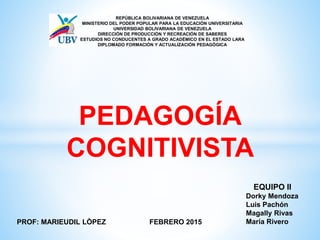 REPÚBLICA BOLIVARIANA DE VENEZUELA
MINISTERIO DEL PODER POPULAR PARA LA EDUCACIÓN UNIVERSITARIA
UNIVERSIDAD BOLIVARIANA DE VENEZUELA
DIRECCIÓN DE PRODUCCIÓN Y RECREACIÓN DE SABERES
ESTUDIOS NO CONDUCENTES A GRADO ACADÉMICO EN EL ESTADO LARA
DIPLOMADO FORMACIÓN Y ACTUALIZACIÓN PEDAGÓGICA
FEBRERO 2015PROF: MARIEUDIL LÒPEZ
PEDAGOGÍA
COGNITIVISTA
EQUIPO II
Dorky Mendoza
Luis Pachón
Magally Rivas
María Rivero
 