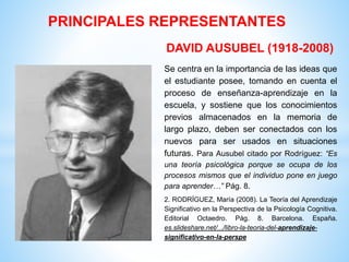 Se centra en la importancia de las ideas que
el estudiante posee, tomando en cuenta el
proceso de enseñanza-aprendizaje en la
escuela, y sostiene que los conocimientos
previos almacenados en la memoria de
largo plazo, deben ser conectados con los
nuevos para ser usados en situaciones
futuras. Para Ausubel citado por Rodríguez: “Es
una teoría psicológica porque se ocupa de los
procesos mismos que el individuo pone en juego
para aprender…” Pág. 8.
PRINCIPALES REPRESENTANTES
DAVID AUSUBEL (1918-2008)
2. RODRÍGUEZ, María (2008). La Teoría del Aprendizaje
Significativo en la Perspectiva de la Psicología Cognitiva.
Editorial Octaedro. Pág. 8. Barcelona. España.
es.slideshare.net/.../libro-la-teoria-del-aprendizaje-
significativo-en-la-perspe
 