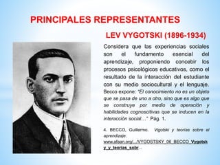 Considera que las experiencias sociales
son el fundamento esencial del
aprendizaje, proponiendo concebir los
procesos psicológicos educativos, como el
resultado de la interacción del estudiante
con su medio sociocultural y el lenguaje.
Becco expone: “El conocimiento no es un objeto
que se pasa de uno a otro, sino que es algo que
se construye por medio de operación y
habilidades cognoscitivas que se inducen en la
interacción social…” Pág. 1.
PRINCIPALES REPRESENTANTES
LEV VYGOTSKI (1896-1934)
4. BECCO, Guillermo. Vigotski y teorías sobre el
aprendizaje.
www.afaan.org/.../VYGOSTSKY_06_BECCO_Vygotsk
y_y_teorias_sobr...
 
