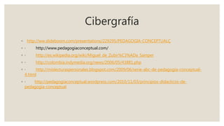 Cibergrafía
◦ http://ww.slideboom.com/presentations/229295/PEDAGOGIA-CONCEPTUALÇ
◦ · http://www.pedagogiaconceptual.com/
◦ · http://es.wikipedia.org/wiki/Miguel_de_Zubir%C3%ADa_Samper
◦ · http://colombia.indymedia.org/news/2006/05/43881.php
◦ · http://mislecturaspersonales.blogspot.com/2009/06/serie-abc-de-pedagogia-conceptual-
4.html
◦ · http://pedagogiaconceptual.wordpress.com/2010/11/03/principios-didacticos-de-
pedagogia-conceptual
 